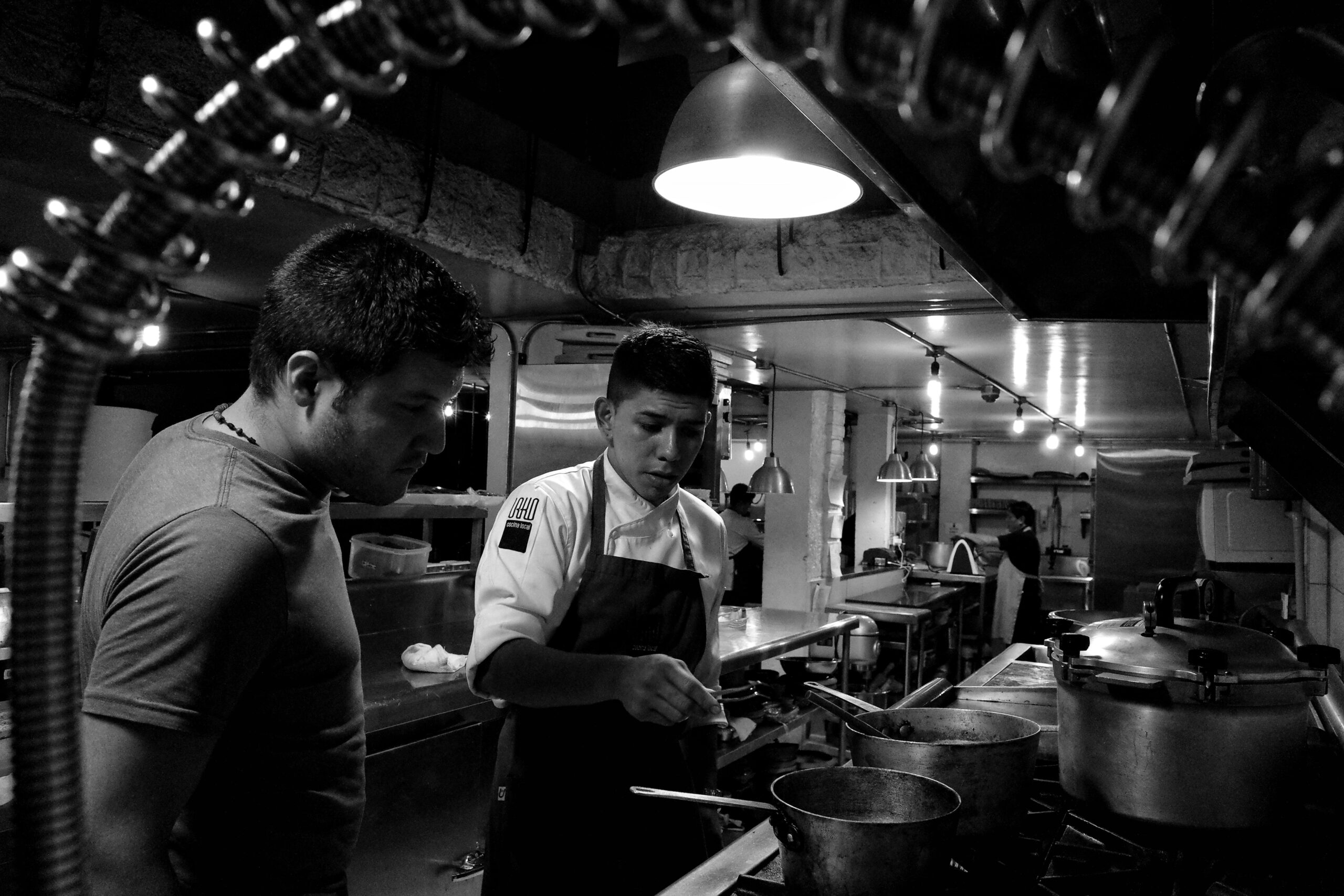 Chefs working attentively in a restaurant kitchen, collaborating over stove preparations.